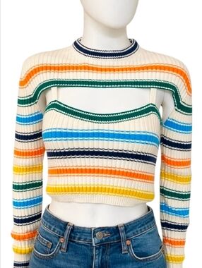 ROSIE ASSOULIN | Rainbow Striped Cutout Wool Cropped Sweater XS